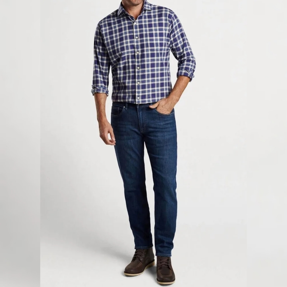Peter Millar Truett 100% Cotton Sport Shirt Navy Plaid Size Large